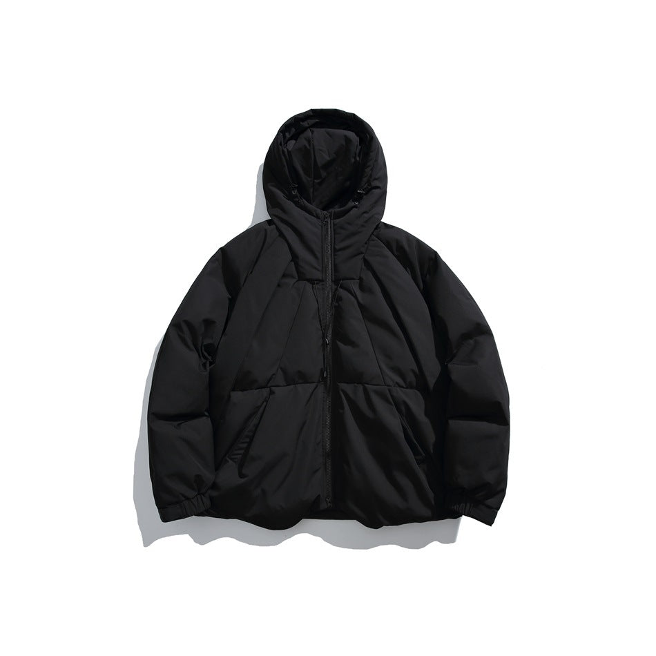 Black hooded puffer jacket, flat front view, with zipper, angled seam panels and elastic cuffs