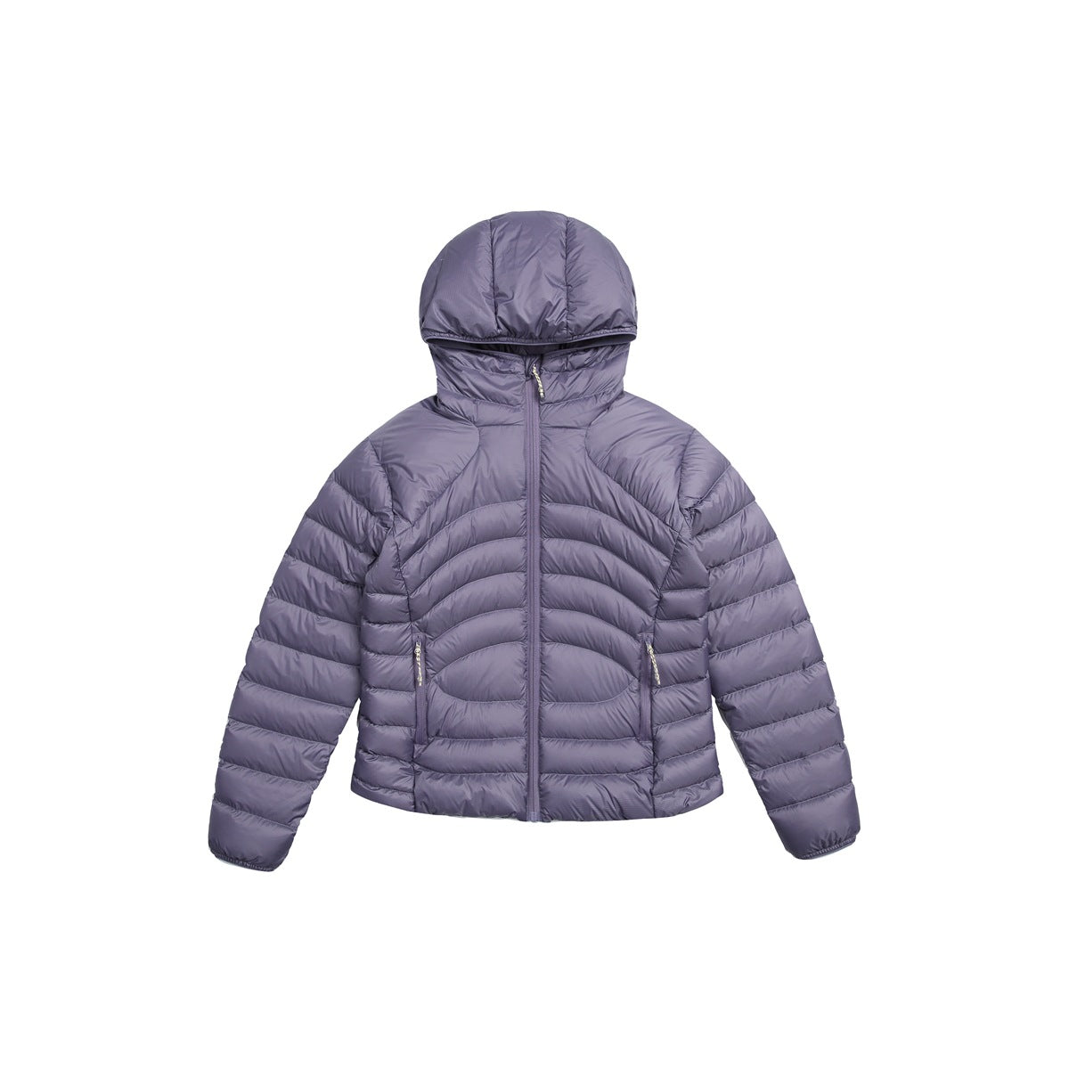 Purple hooded quilted puffer jacket with center zipper and zip pockets, flat lay front view