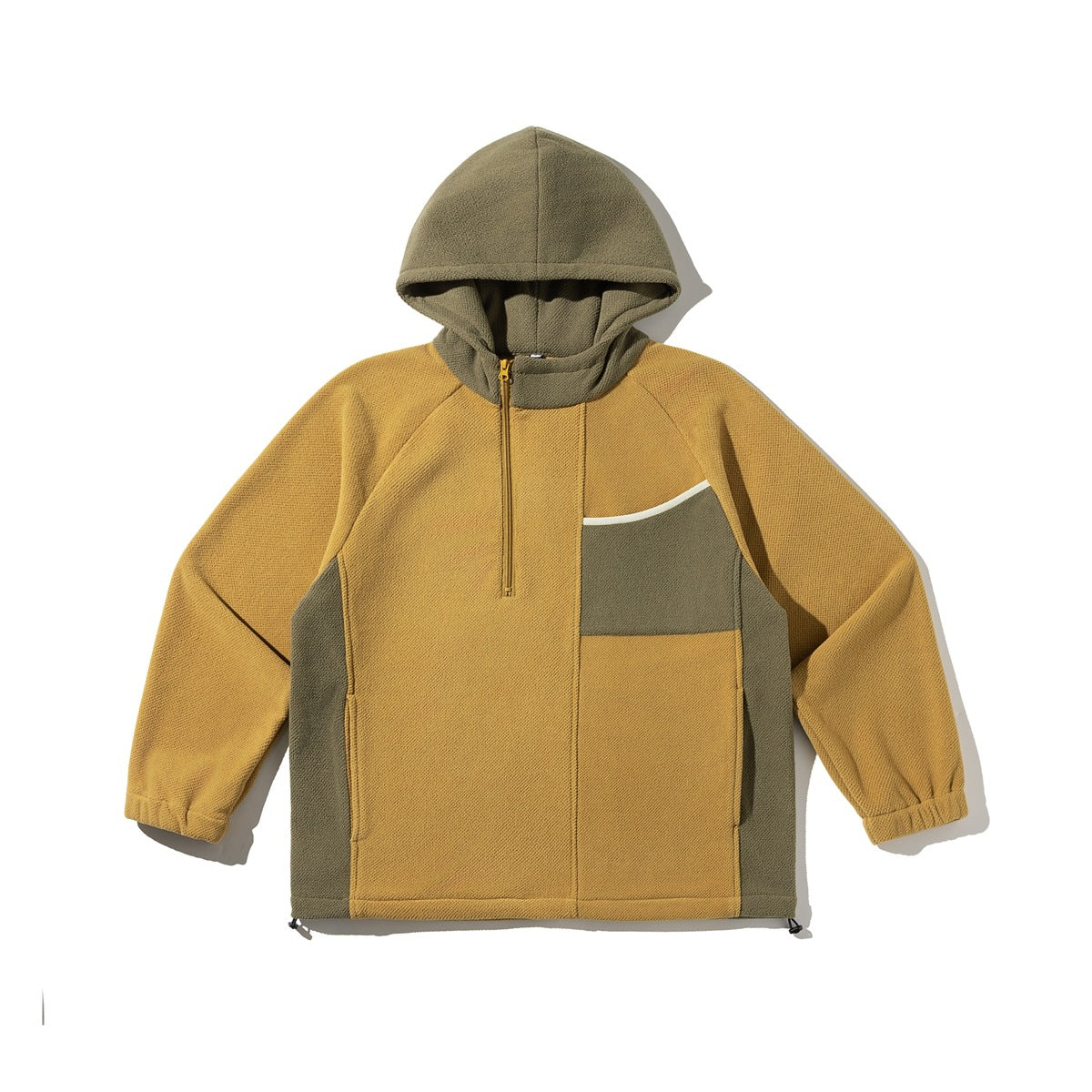 Mustard yellow half-zip fleece-texture hooded pullover with olive-green hood, side panels and chest pocket, flat lay