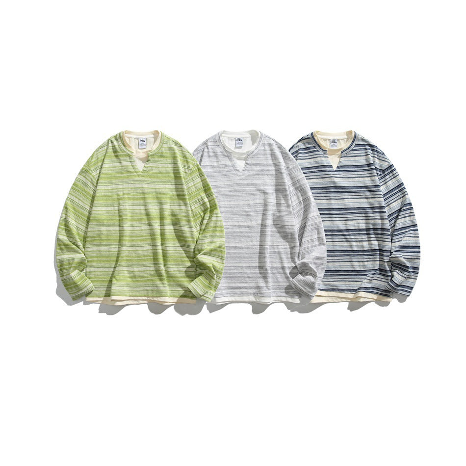 Three long-sleeve split-neck striped shirts shown flat: green, gray, and navy colorways.