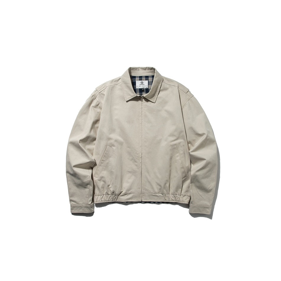 Khaki collared zip-front cropped jacket, flat lay front view, plaid pattern inside collar and elastic hem