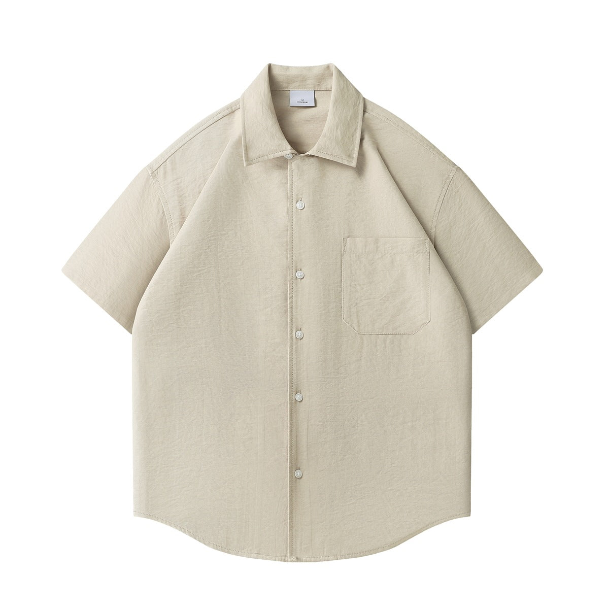 Khaki short-sleeve button-up shirt with point collar and chest pocket, flat front view