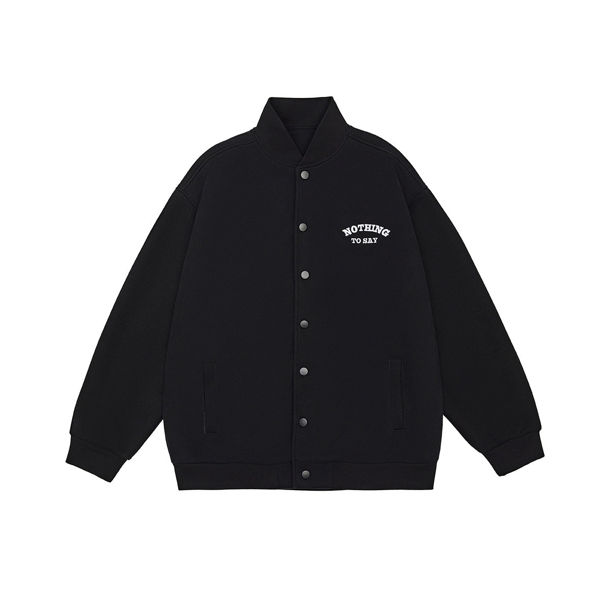 Black baseball-style jacket with snap-button front, ribbed collar, cuffs and hem, and a white chest text graphic
