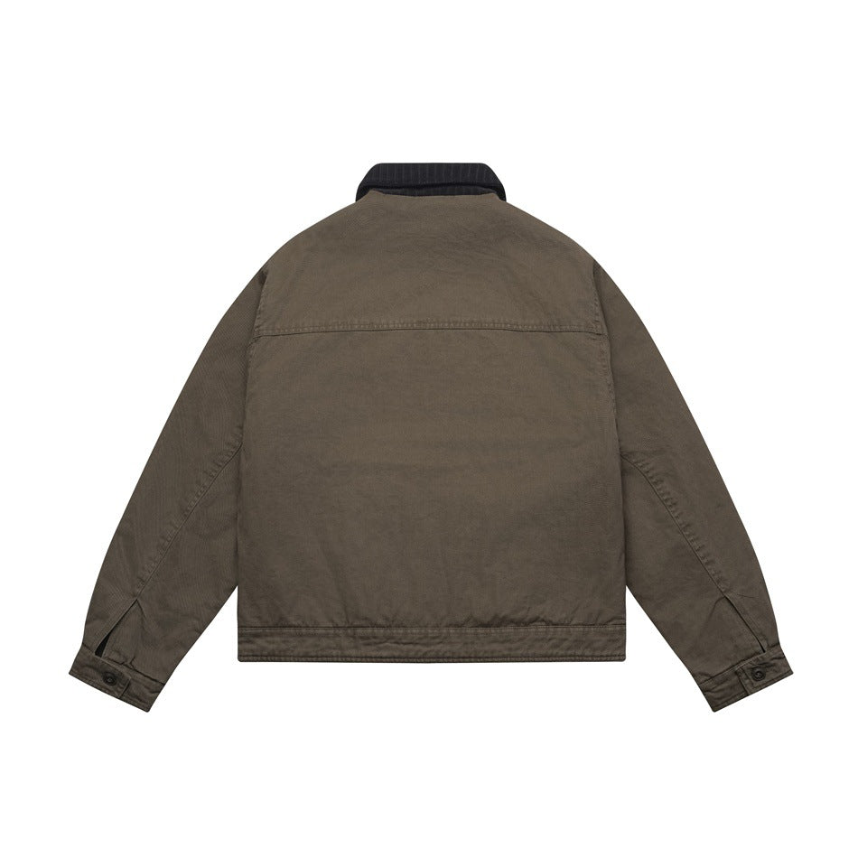 Back view of an olive-brown jacket with a black ribbed collar and buttoned cuffs.