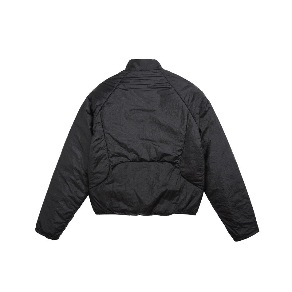 Rear view of a black padded jacket laid flat against a white background.