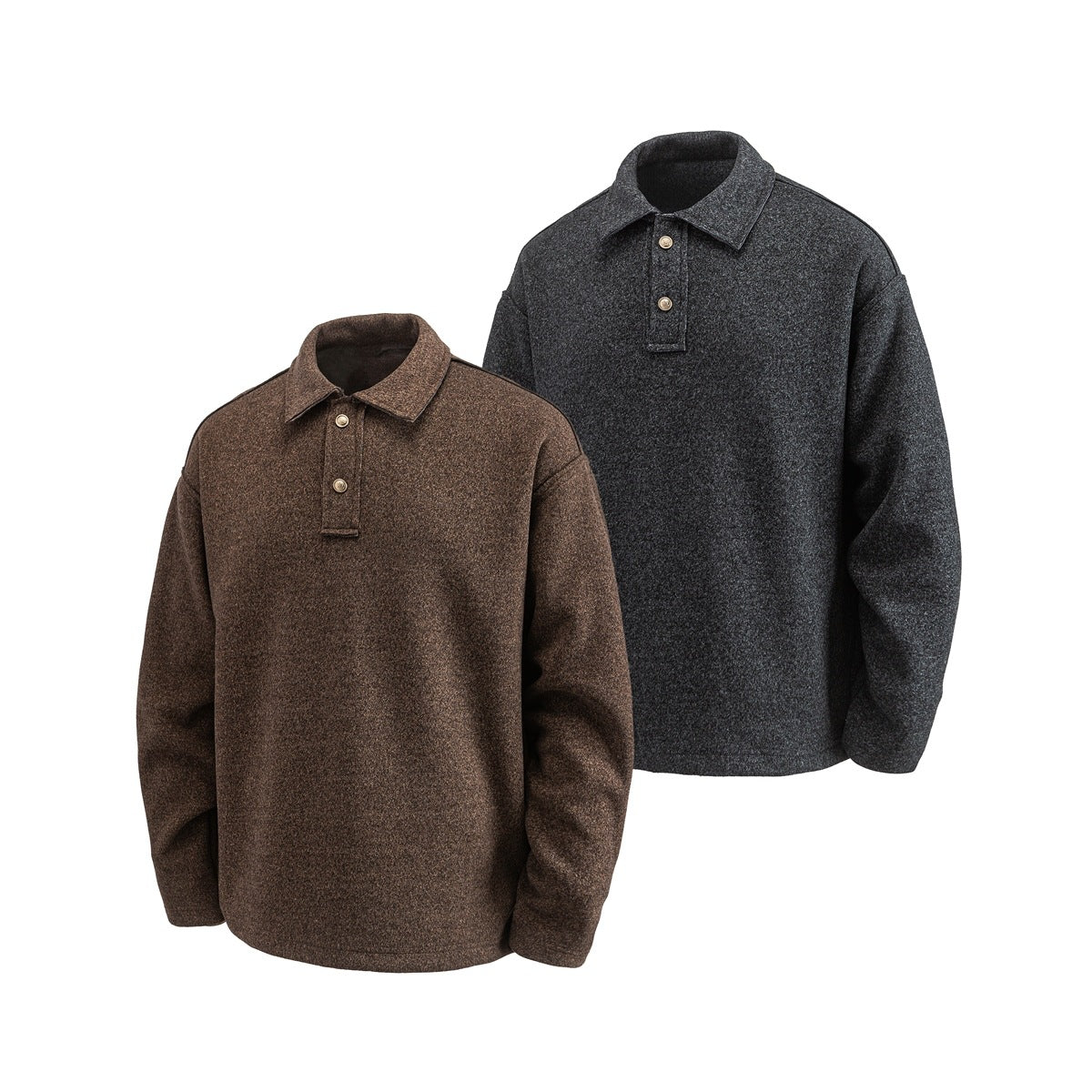 Two long-sleeve collared pullovers with short button plackets, shown in brown and charcoal gray.