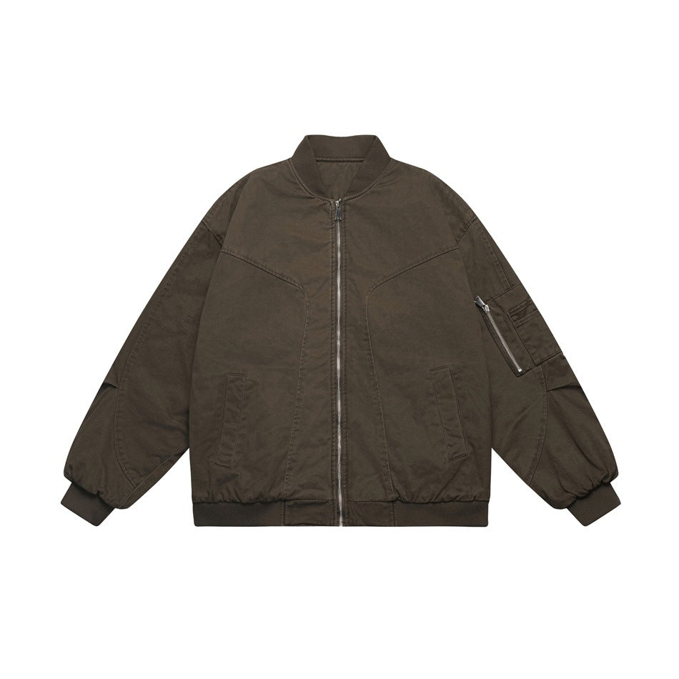 Coffee brown washed bomber-style zip jacket with ribbed collar, cuffs and hem, front welt pockets and sleeve zip pocket