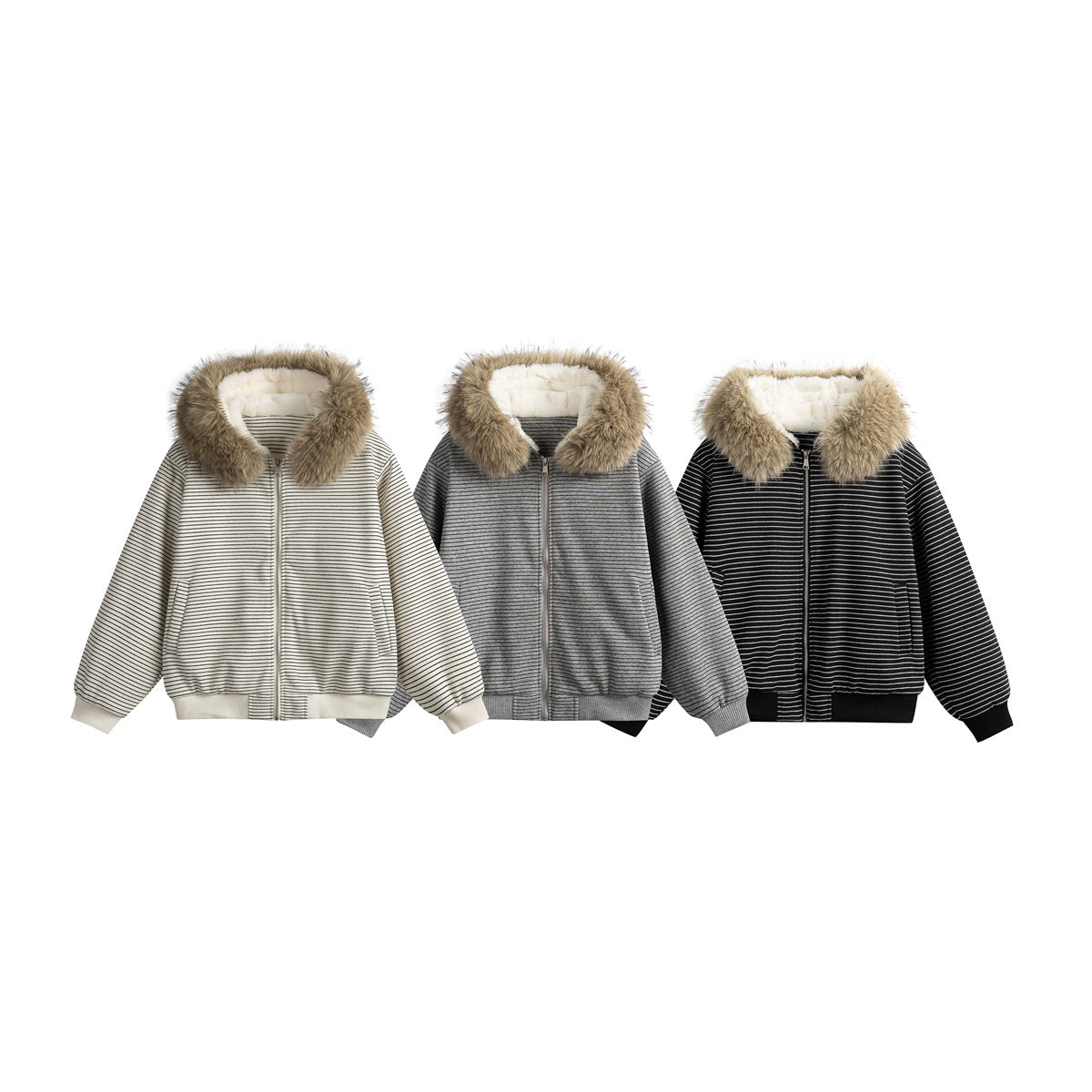 Three striped hooded zip jackets shown in cream, gray, and black, each with brown fur trim and white lining.