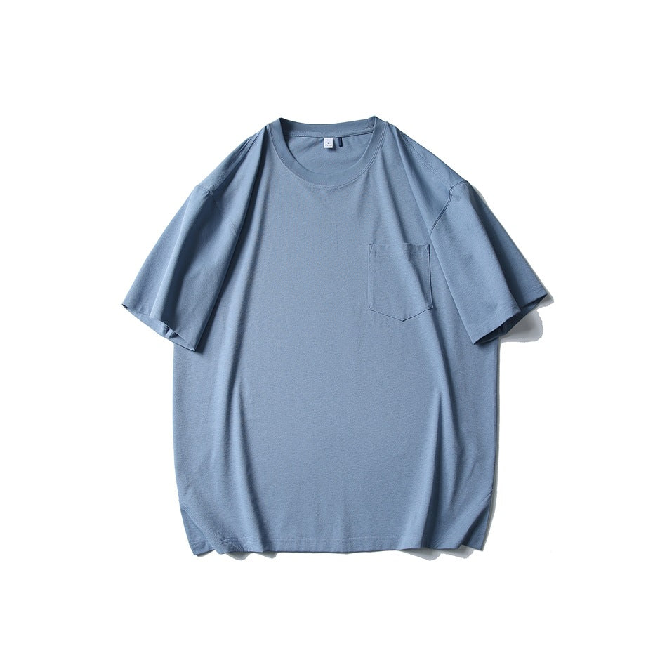 Blue short-sleeve crew neck T-shirt with chest pocket, flat lay front view