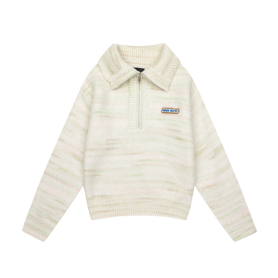 Cream half-zip knit sweater with folded collar and pale green and pink streaks, flat front view