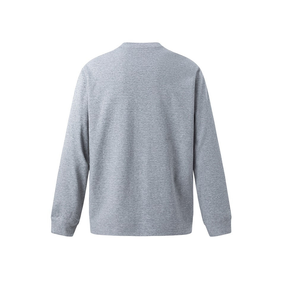 Back view of heather gray long-sleeve crew-neck top with plain back and ribbed cuffs