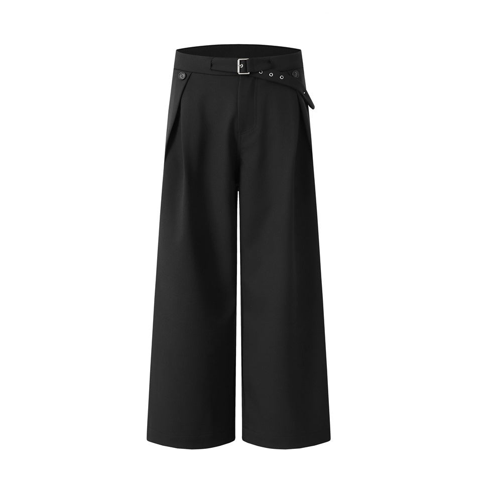 Black wide-leg high-waisted trousers with pleated front, buckled belt strap and button details, flat front view