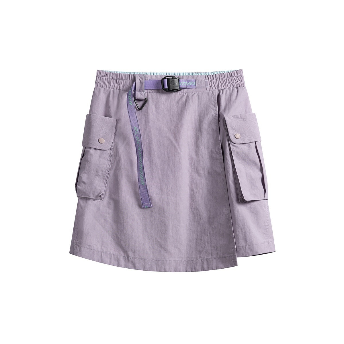 Taro purple wrap-front cargo skort with elastic waist, purple buckle belt and two flap pockets, flat lay
