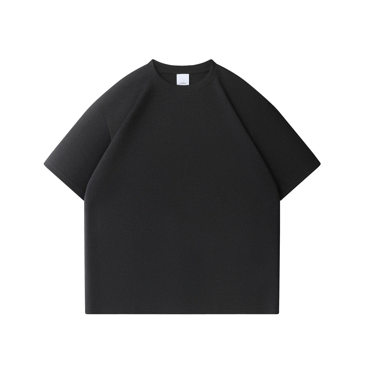 Black short-sleeve crew-neck T-shirt with textured knit fabric, flat front view