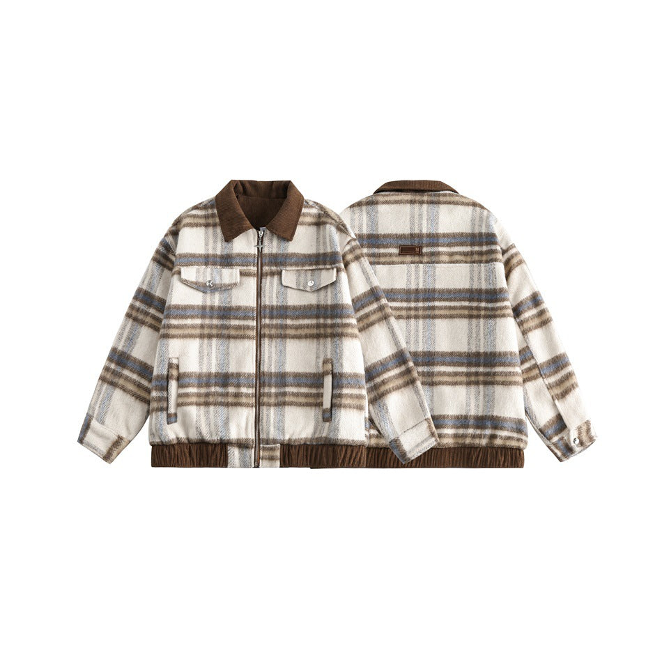 Cream plaid zip-front jacket shown from the front and back, with a brown collar, ribbed trim, and flap pockets.