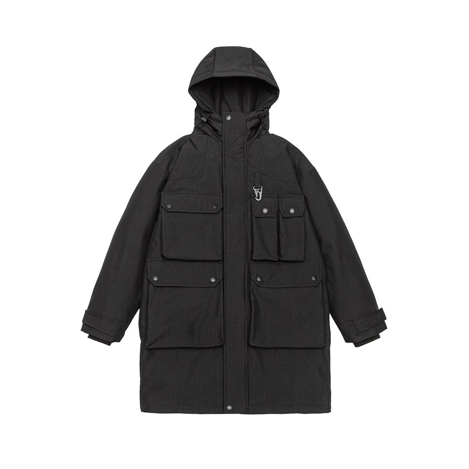 Black longline hooded padded jacket with multiple snap flap pockets, flat front view on white background