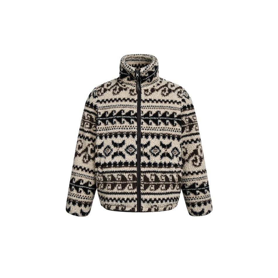Cream, black and brown ethnic-pattern fleece-texture zip jacket with stand collar, front view on white background