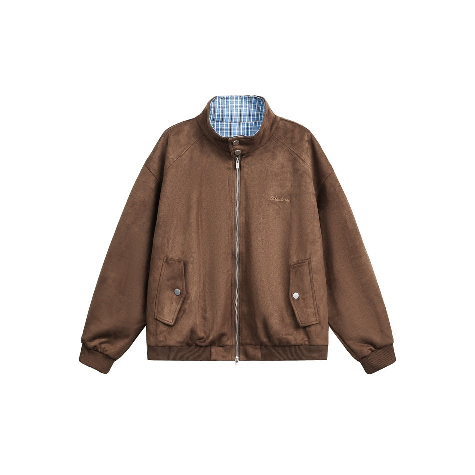 Brown suede-look stand-collar zip jacket with blue plaid collar lining and snap flap pockets, flat front view