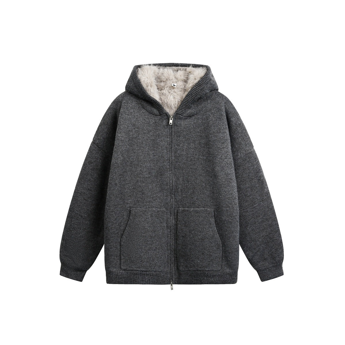 Dark gray knit zip-front hooded jacket with fur-like interior lining, two front pockets and ribbed cuffs and hem
