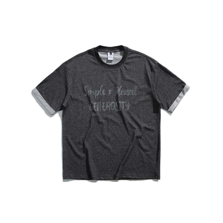 Black heathered crew-neck T-shirt with rolled sleeve cuffs and a tone-on-tone script chest print, flat lay