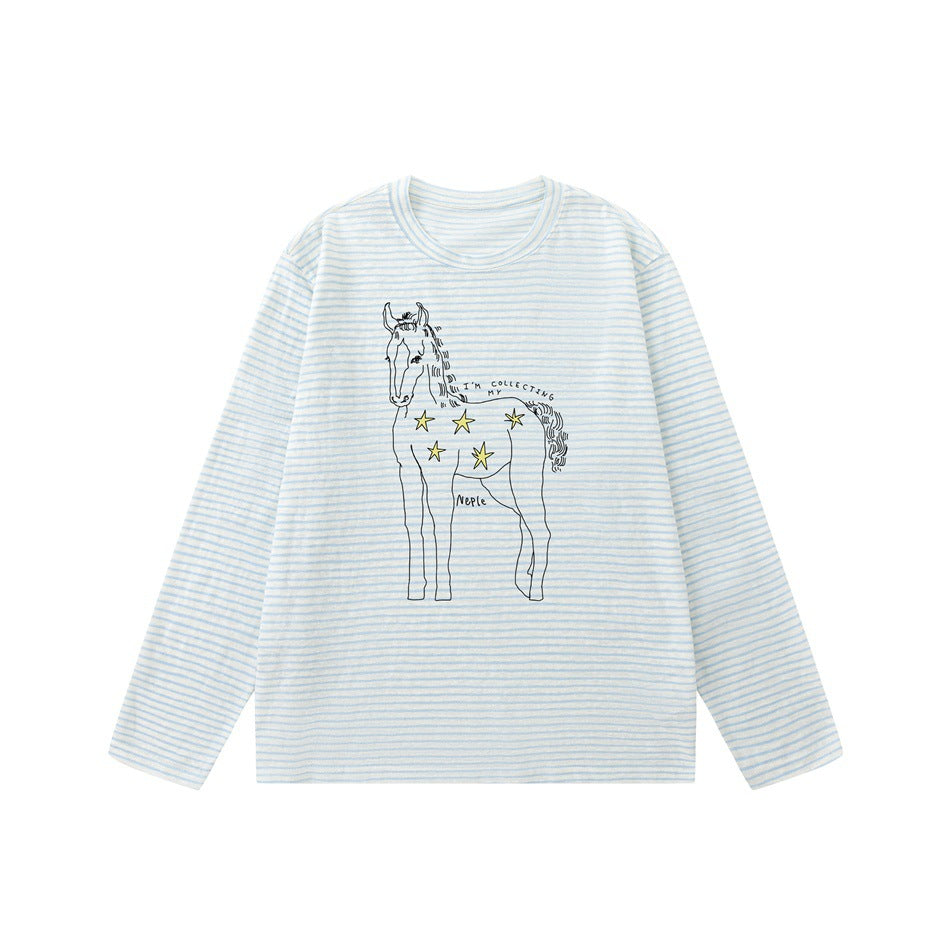 Light blue and white striped long-sleeve crewneck top with a black line-drawn horse and yellow stars on the front