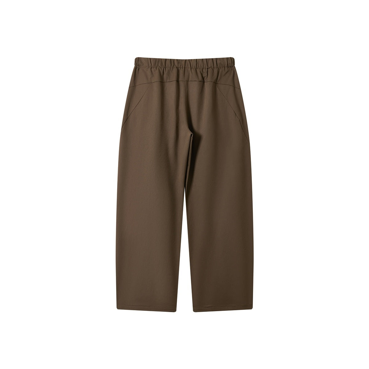 Back view of brown wide-leg pants with an elastic waistband and curved seam details.