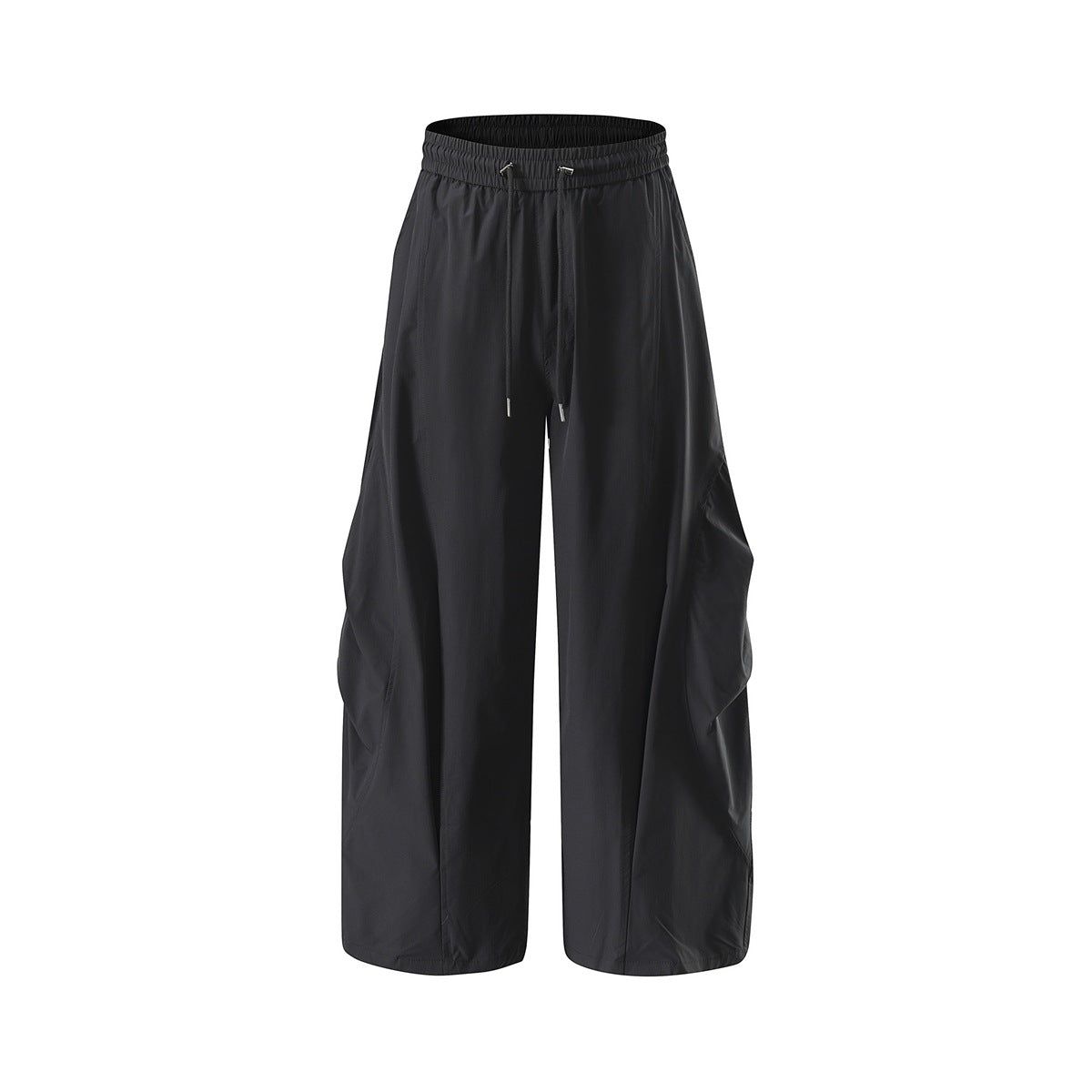 Black wide-leg drawstring pants with elastic waist and pleated side volume, flat front view