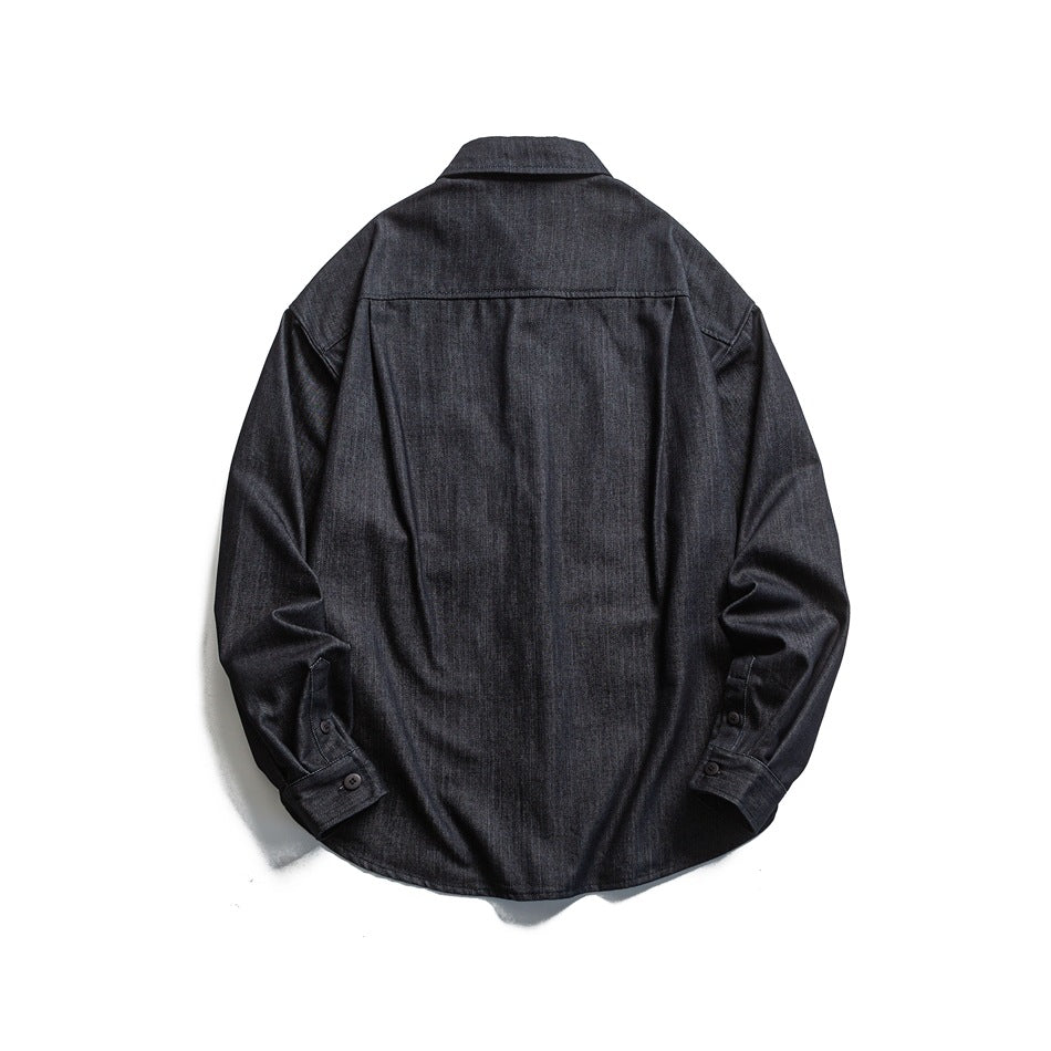 Back view of a charcoal gray button-up shirt with a pointed collar, shoulder yoke, and button cuffs.