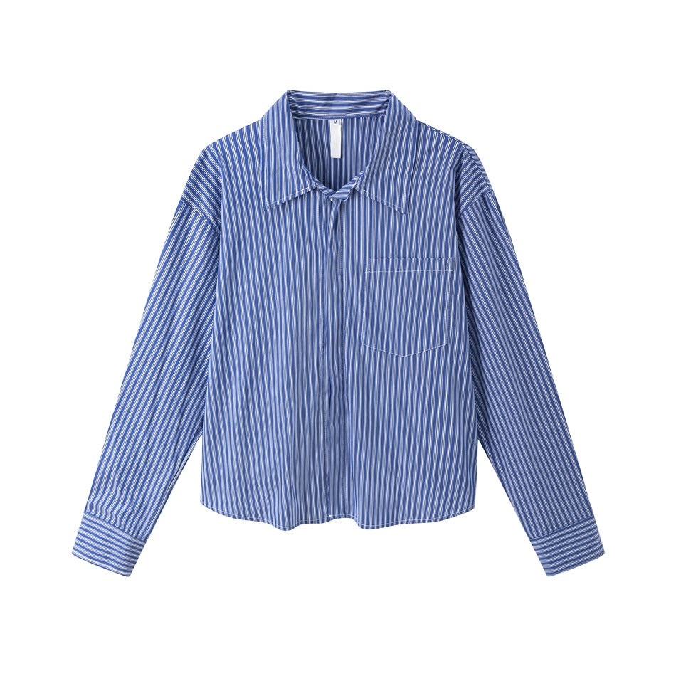 Blue and white striped long-sleeve cropped shirt with pointed collar and chest pocket, flat lay front view