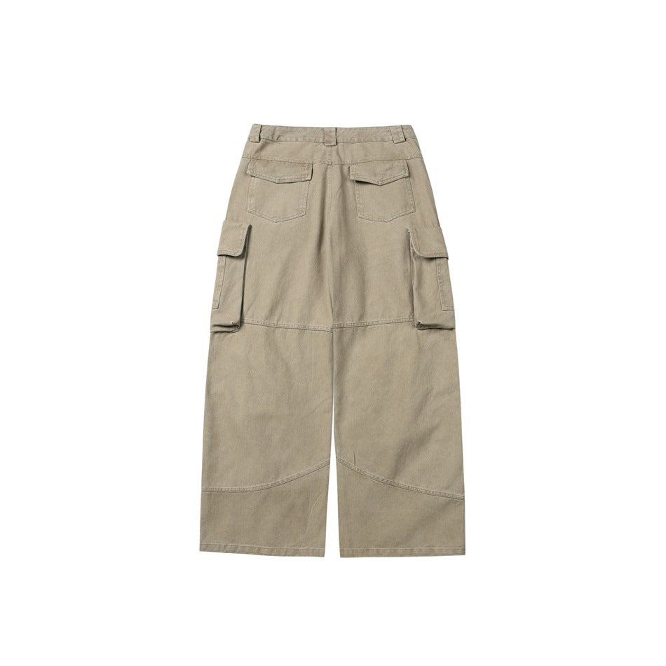 Back view of light khaki wide-leg cargo pants with two rear pockets and flap cargo pockets.