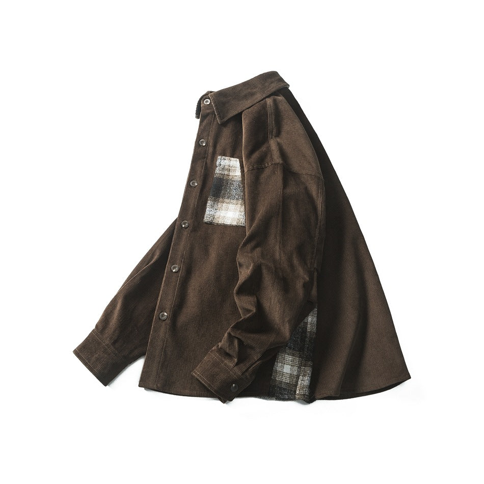 Brown corduroy button-up shirt shown at an angle, with a plaid chest pocket and matching side panels.