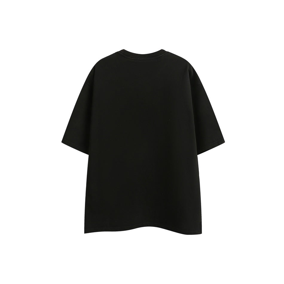 Plain black oversized short-sleeve T-shirt shown from the back against a white background.
