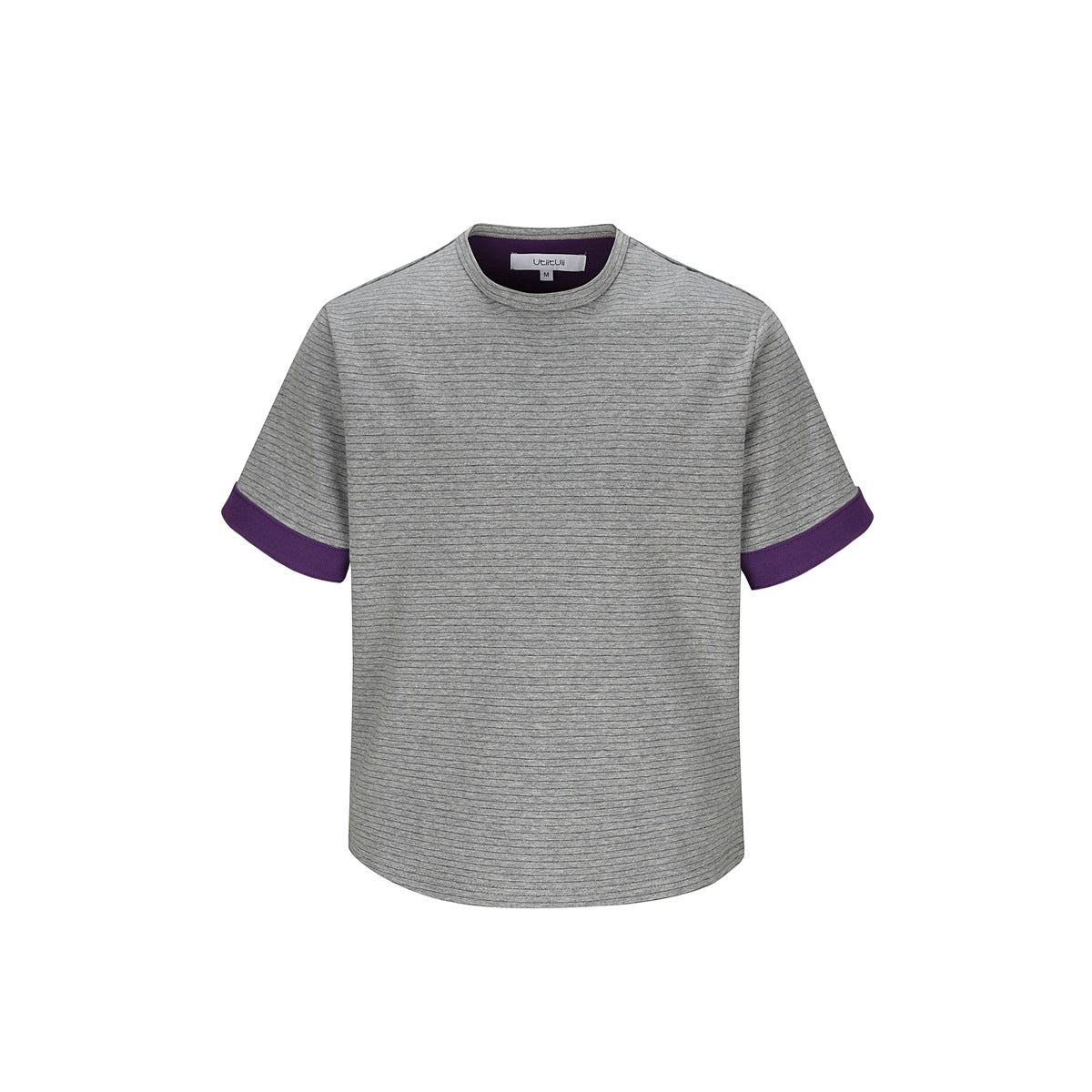 Front view of a gray fine-striped short-sleeve top with purple sleeve cuffs and a crew neckline.