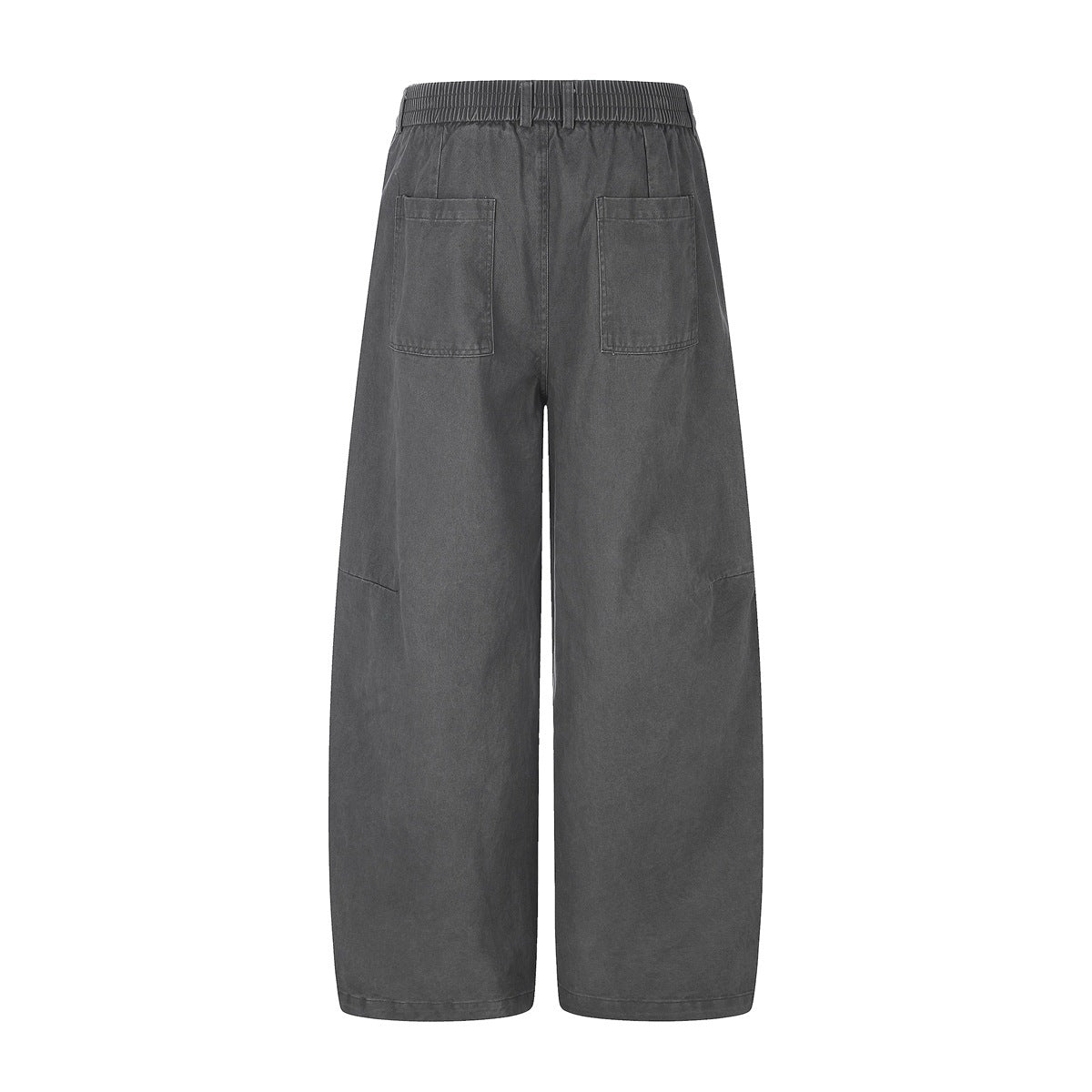 Back view of gray wide-leg trousers with an elastic waistband and two patch pockets.