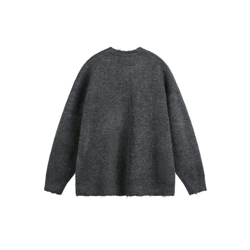Back view of a charcoal gray crew-neck sweater with long sleeves and a relaxed shape.