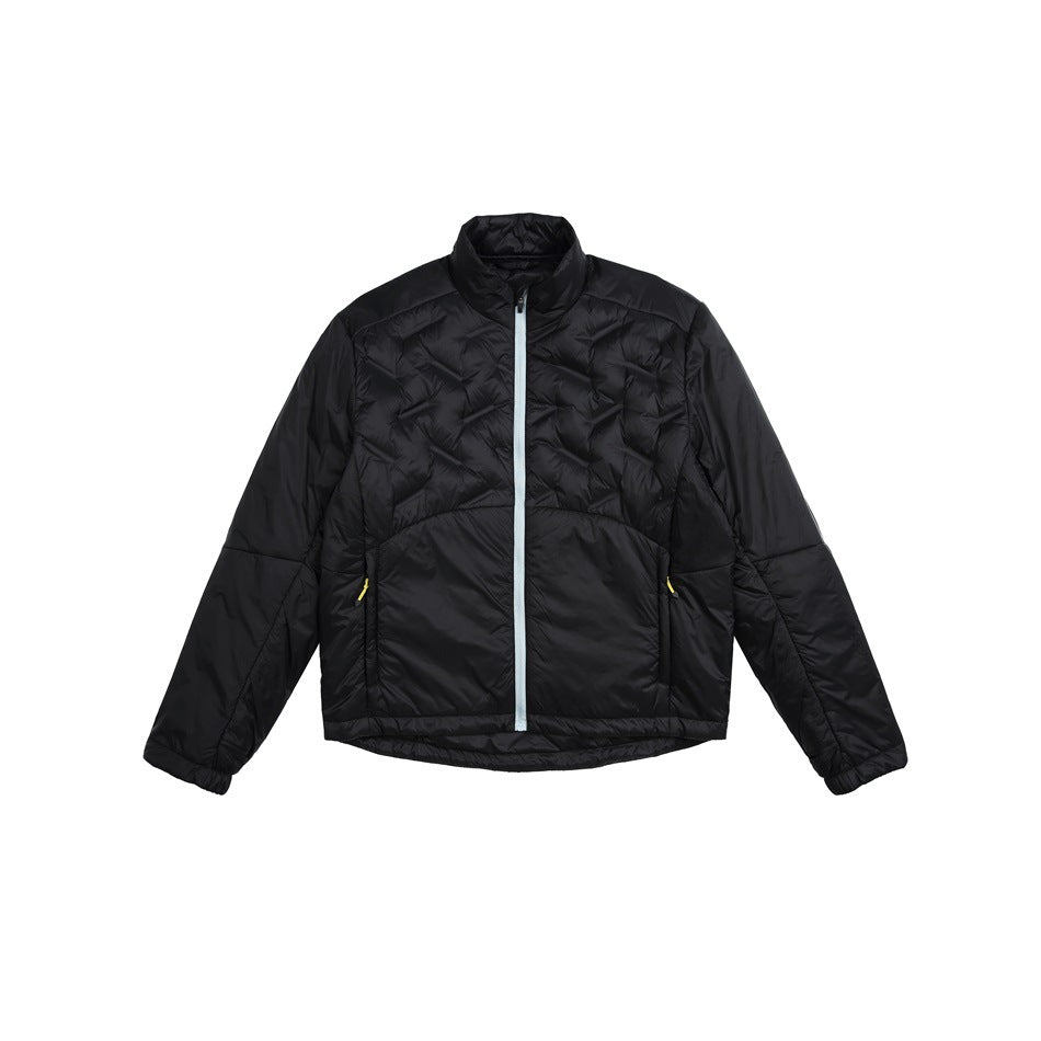 Black quilted stand-collar zip jacket with a light blue front zipper and zippered pockets, flat lay front view