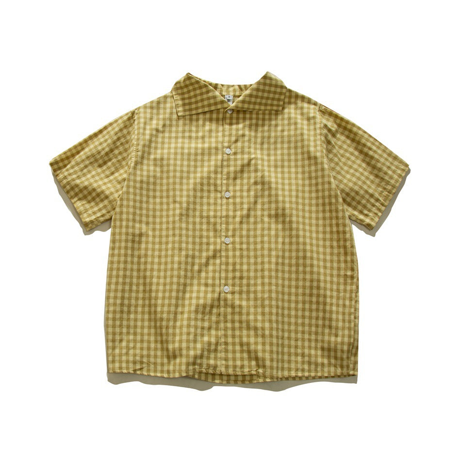 Yellow gingham check short-sleeve button-front shirt with wide collar, flat lay front view