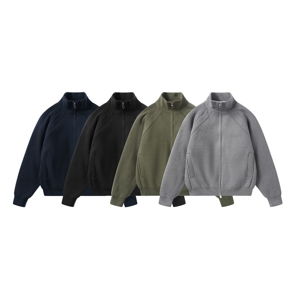Four front views of a zip-up jacket with a stand collar and ribbed sleeves, in navy, black, olive, and gray.