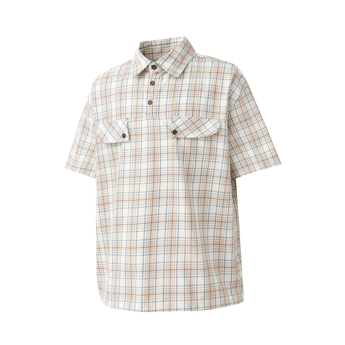 Front view of a cream plaid short-sleeve shirt with a button placket and two flap chest pockets.
