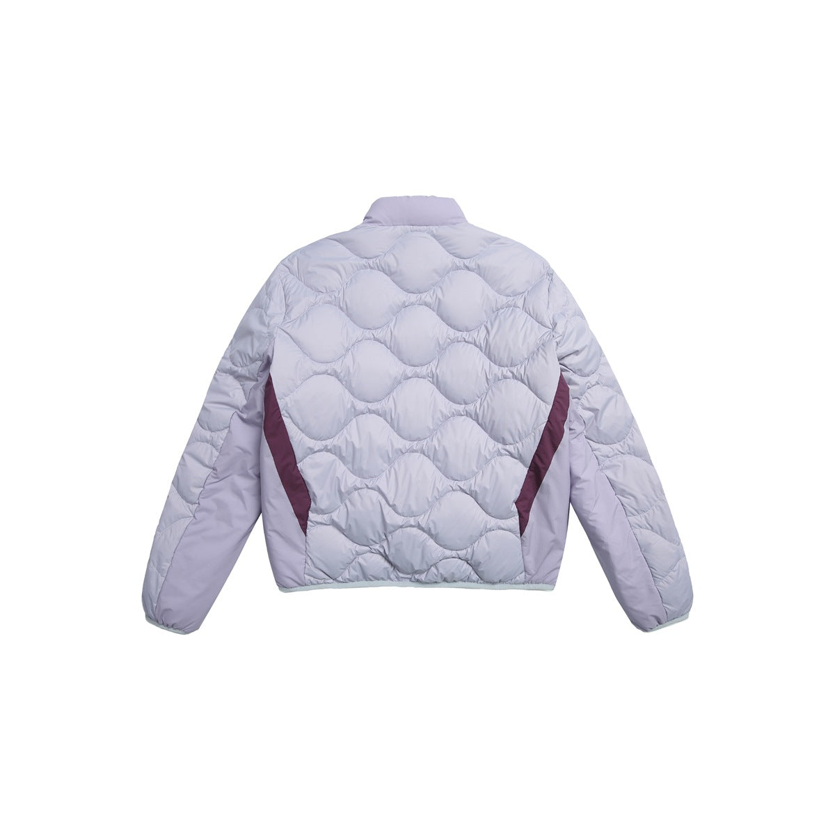Back view of a pale lavender quilted jacket with wavy stitching and dark burgundy side accents.
