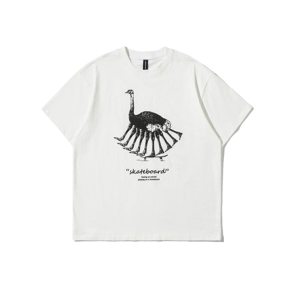 White short-sleeve crew-neck T-shirt with black ostrich-on-skateboard graphic and skateboard caption on the front