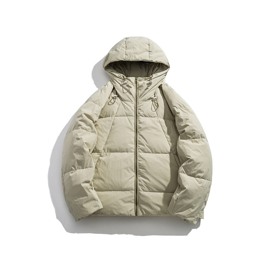 Apricot hooded quilted puffer jacket with front zipper and toggle drawcords, flat front view