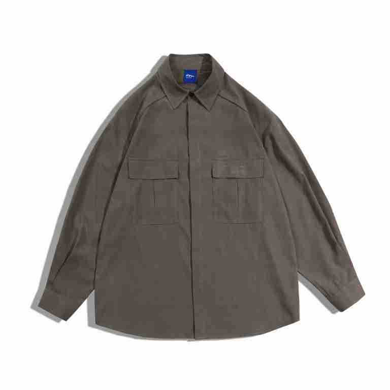 Coffee brown long-sleeve shirt flat lay with pointed collar, two flap chest pockets and concealed placket