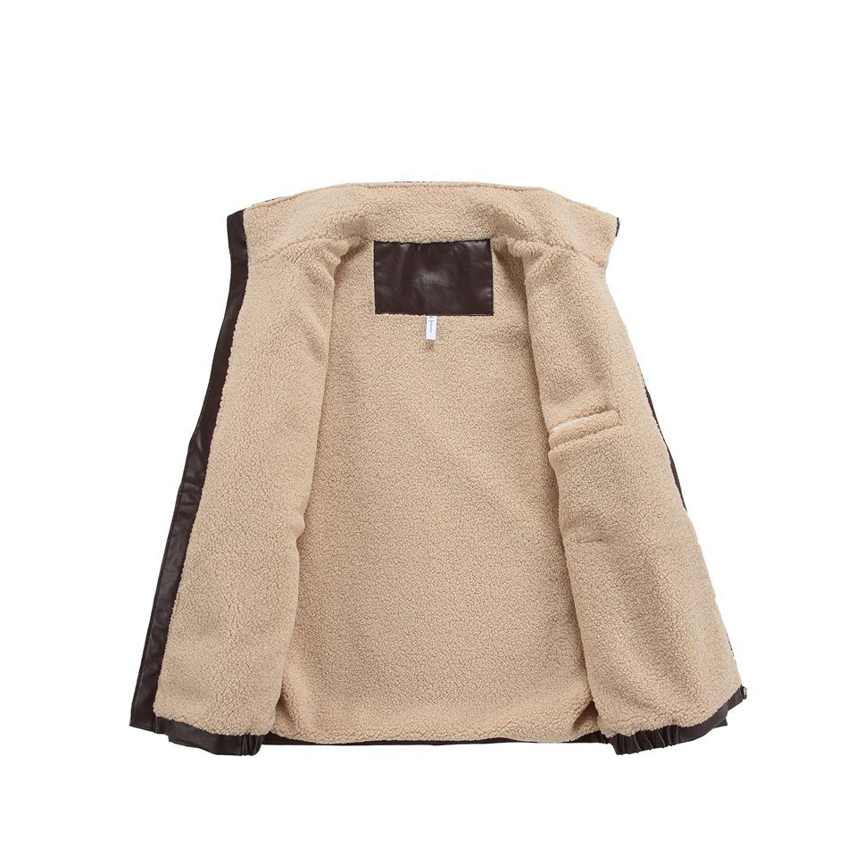 Open jacket showing a thick beige fleece lining, dark brown outer trim, and a small neck label.