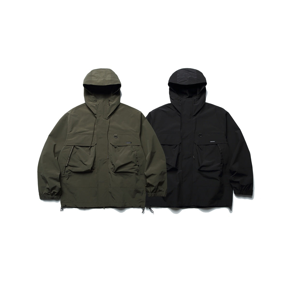 Two hooded utility jackets shown from the front, one olive and one black.