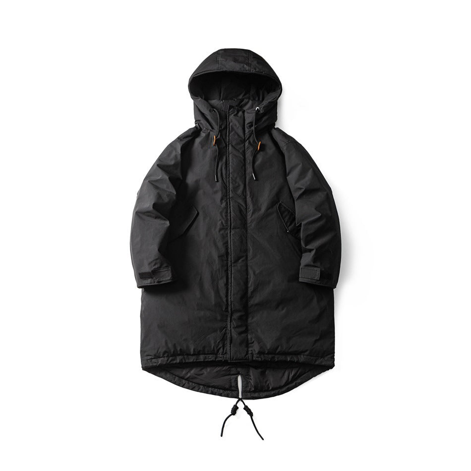 Black hooded long parka jacket laid flat, front view, with drawcords, flap pockets and fishtail hem