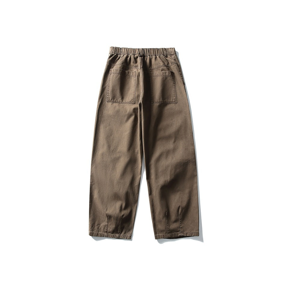 Brown wide-leg trousers flat lay back view with elastic waistband and two patch pockets