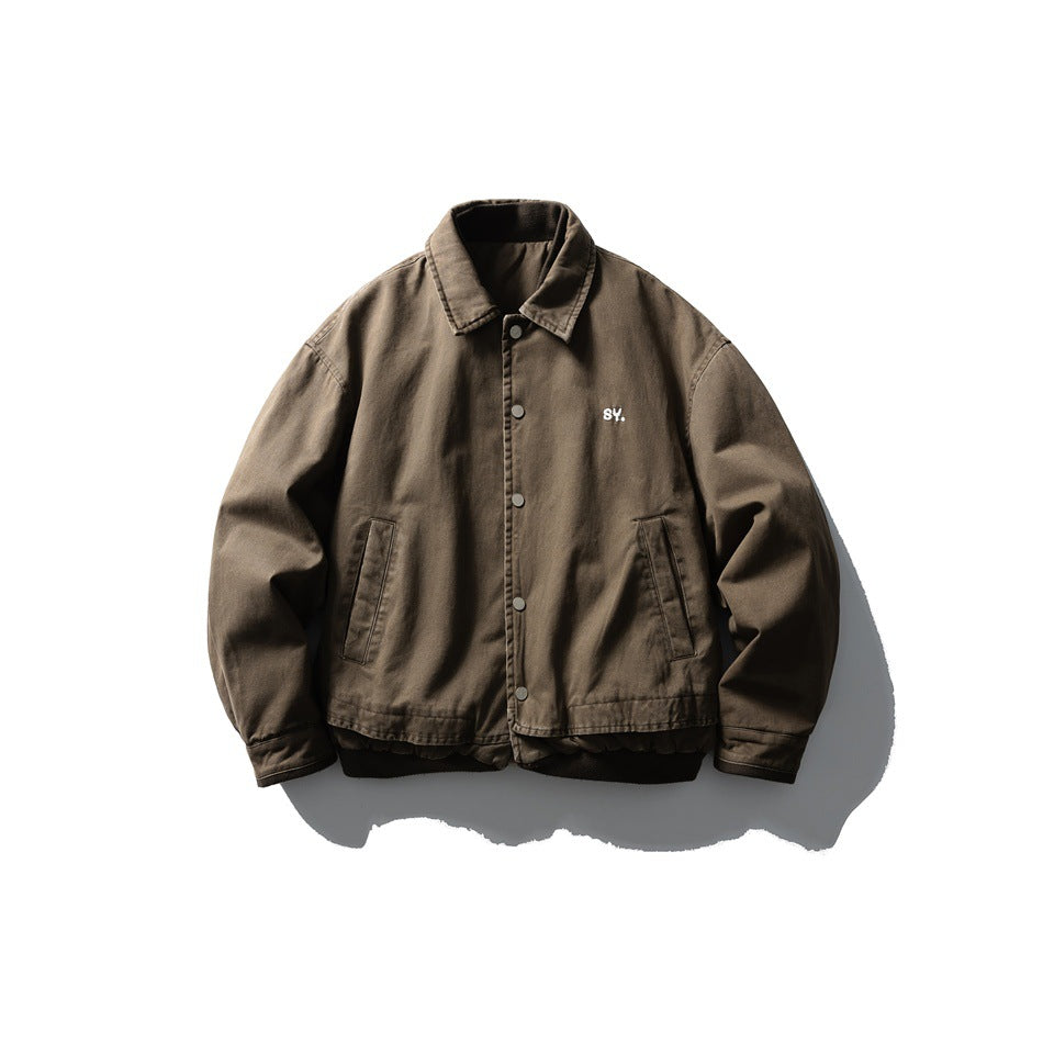Coffee brown collared snap-front jacket with slash pockets and ribbed layered hem, flat front view