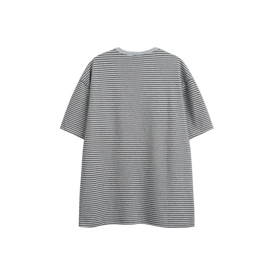 Back view of a gray short-sleeve shirt with fine dark horizontal stripes.