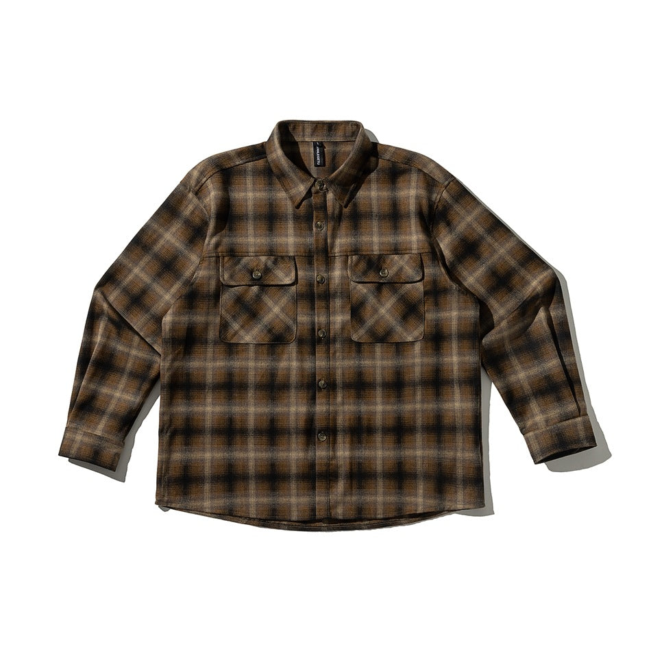 Brown black and beige plaid long-sleeve button-up shirt with two flap chest pockets, flat lay front view